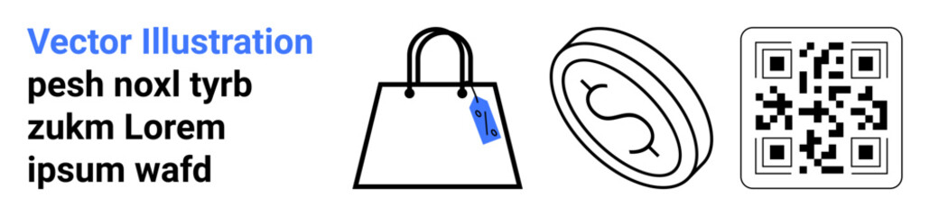 Shopping bag with blue price tag, stylized coin, and QR code. Ideal for e-commerce, retail, payments, discounts, online shopping, marketing digital transactions flat landing page banner