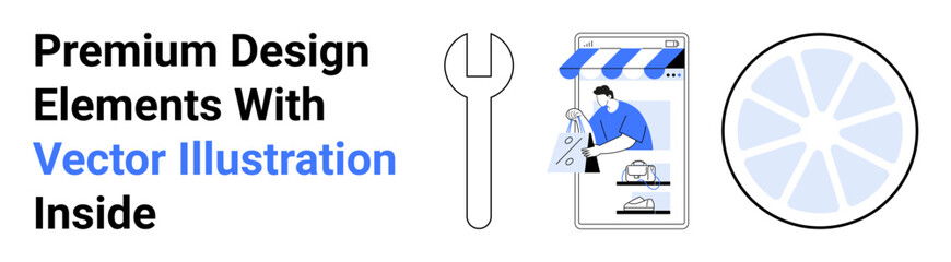 Online shopping on mobile app, wrench tool, abstract graphic. Ideal for design, e-commerce, creativity, marketing, development branding and apps. Versatile flat landing page banner