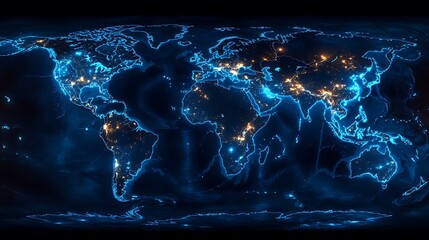 Glowing World Map Highlighting Global Connectivity, A glowing world map highlighting major cities with bright lights
