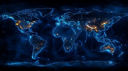 Glowing World Map Highlighting Global Connectivity, A glowing world map highlighting major cities with bright lights