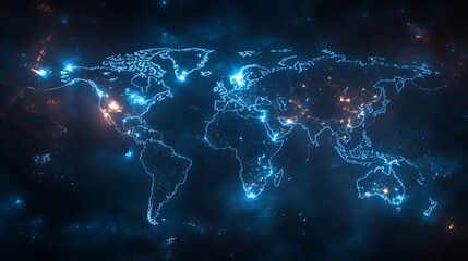 Glowing World Map Highlighting Global Connectivity, A glowing world map highlighting major cities with bright lights