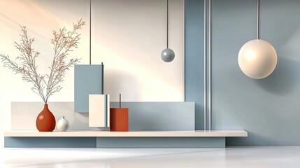 Wall Mural - a sleek, minimalist background with geometric shapes in soft gray, silver, and blue hues.
