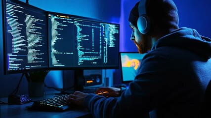 Focused coder working on multiple screens in dim, blue-lit workspace at night