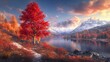 © Imam - Vibrant Red Tree by a Calm Lake and Snowy Mountains at Sunset