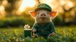 © Gelpi - Cute pig dressed as a leprechaun holding a golden mug with a flower in a field of clovers during sunset Generative AI
