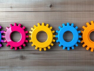 Poster - A row of colorful gears on a wooden background, representing the mechanics and engineering aspects in product development