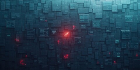 Wall Mural - A blue background with red squares and a red dot in the middle