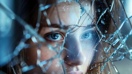 Wall Mural - a woman's face is partly obscured by broken glass, with a sad, contemplative expression in her eyes.