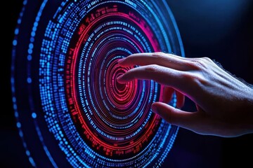 Aufkleber - Technology abstract background with person hand touching complex circular diagram on virtual screen with copyspace, innovation, network, big data and internet concept