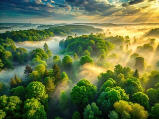Wall Mural - Aerial view: Misty forest, lush green canopy blankets a dramatic, ethereal landscape.