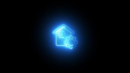 Wall Mural - Glowing neon line Smart home settings icon isolated on black background. Neon light gear design counting down clock animation on black background