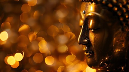 Wall Mural - A close-up of a golden Buddha statue with a blurred background of golden bokeh lights.