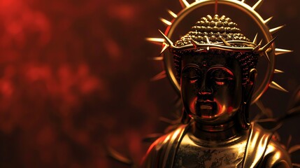 Wall Mural - A golden Buddha statue with a crown of thorns and a red and orange background.