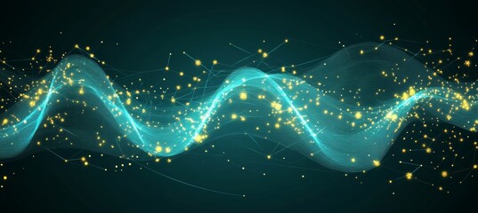 Wall Mural - abstract digital wave with glowing particles on blue background, technology data network concept.
