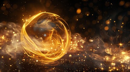 Wall Mural - Abstract golden orb with swirling lines of light and bokeh, surrounded by glittering particles and smoke, on a black background.