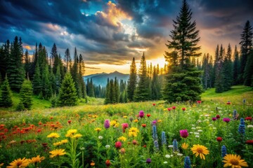 Wall Mural - Summer sunlight filters through an evergreen forest, illuminating a meadow of wildflowers in low light.