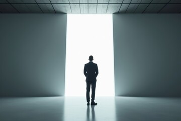 business professional contemplates bright doorway