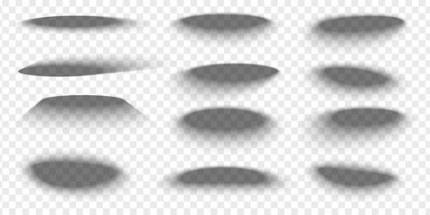 Fototapete - Set of oval paper or packing box shadow effects. Different realistic soft grey shapes for mockups. Elliptic shades isolated on transparent background. Vector illustration.