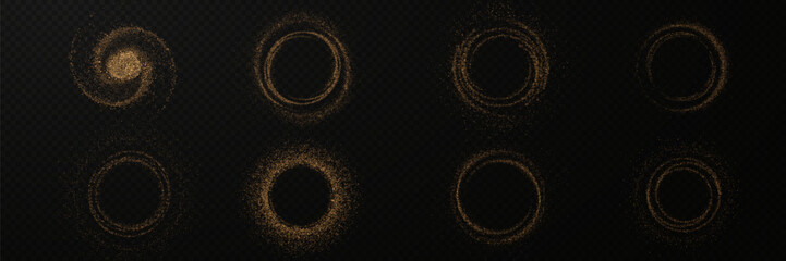 Poster - glowing gold circle with sparkling light effects and a shimmering dust trail. Perfect for luxury designs, magic frames, energy flares, and vibrant decorative elements in a bright abstract style