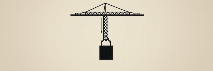 Fototapete - Minimalist construction logo featuring a tower crane lifting a block in modern line art design with monochrome background and negative space