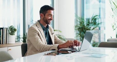 Poster - Laptop, smile and typing with business man in office for financial records, accounting report or review. Company admin, stakeholder solution and online with employee for planning project and research