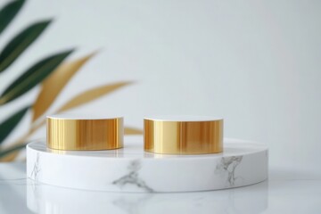 Aufkleber - Elegant display of luxury golden accents on white marble with minimalistic design elements enhancing sophistication and premium aesthetics