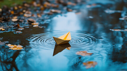 Wall Mural - 
Tiny Paper Boat Floating on a Rippled Rainwater Puddle