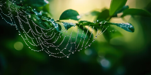 Wall Mural - 

Delicate Spiderweb Adorned with Fresh Rolling Raindrops