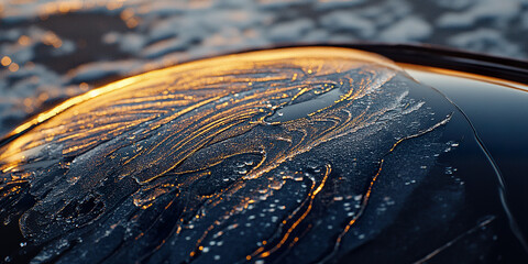 Wall Mural - 

Frost Patterns on Car Windshield at Morning Sunrise