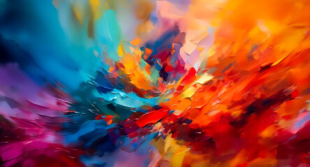 Poster - Vibrant abstract background featuring swirling paint strokes in shades of blue, orange, red, and purple, creating a dynamic and colorful design.