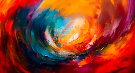 Poster - Vibrant abstract background featuring swirling brushstrokes in orange, red, yellow, blue, and purple, creating a dynamic and colorful design.