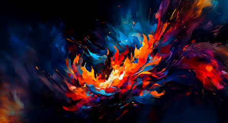 Poster - Vibrant abstract background featuring dynamic color bursts. Swirls of deep blue contrast beautifully with fiery splashes of orange and red in a painterly style.
