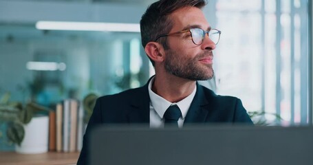 Aufkleber - Smile, thinking and business man on laptop for investment banking, problem solving and reading email. Vision, planning and corporate worker with financial decision, inspiration and insight in office