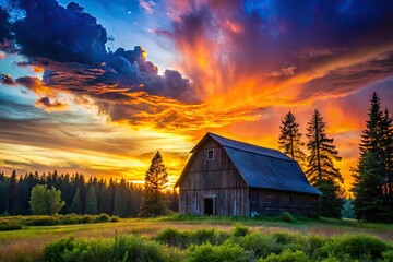 Wall Mural - Silhouetted barn and trees create a rural scene at sunset, a dark countryside landscape.