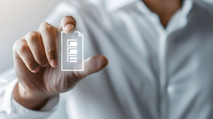 businessman's hand pushing a button on a transparent touch screen interface