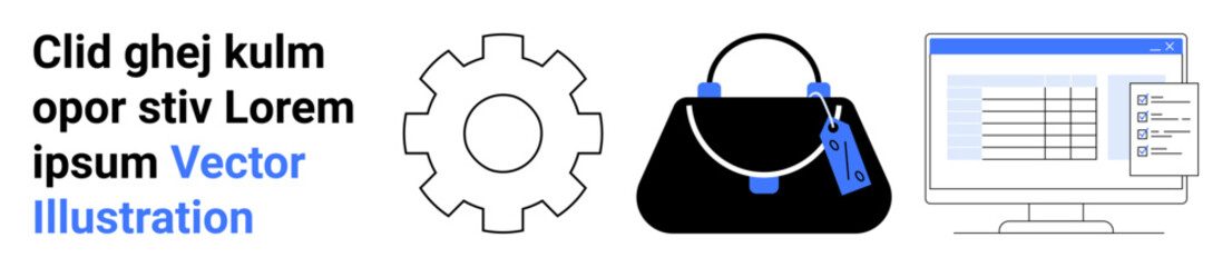 Gear icon, handbag with tags, digital spreadsheet on monitor. Ideal for workflow, fashion, business, technology, shopping e-commerce and branding concepts. Perfect for flat landing page banner