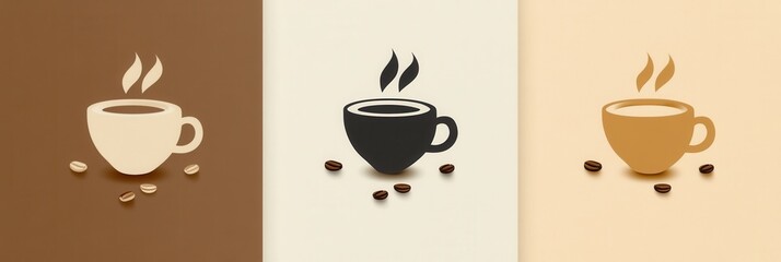 Poster - Elegant minimalist coffee cup logo featuring steam and scattered coffee beans in warm tones