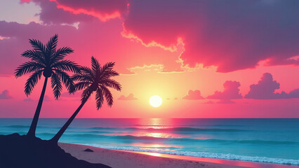 Wall Mural - vibrant pink orange hues fade blue serene sunset scene isolated palm trees turquoise ocean