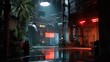 © Shahida - Rainy Night in a Cyberpunk Alleyway with Neon Lights and Tropical Plants