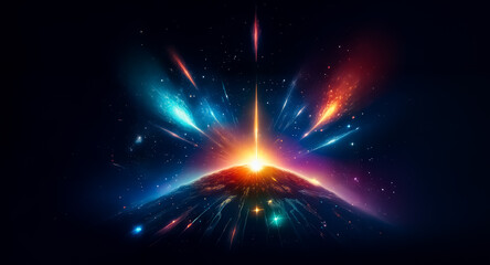 Leinwandbilder - A vibrant burst of light erupts from a dark planet in space. Colorful beams shoot outwards in a dynamic display of energy against a black backdrop.