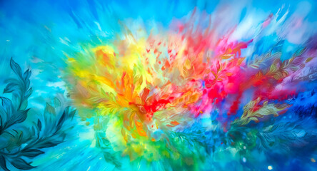Poster - A vibrant explosion of colors in an abstract painting. A dynamic burst of blue, yellow, red, pink, green, and orange hues creates a visually stunning artwork with leafy elements on the side.