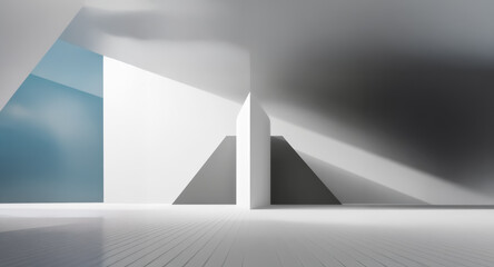 Poster - Abstract geometric shapes create a minimalist interior space with white and grey tones, accented by blue. Strong light and shadow define clean lines and a simple design.
