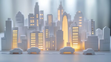 Fototapete - Layered paper art depicting a modern city skyline with glowing windows and minimalist urban aesthetics during nighttime
