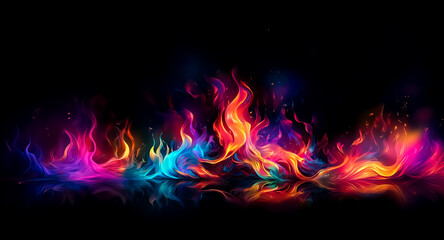 Aufkleber - Vibrant flames in hues of red, orange, yellow, blue, and purple dance vividly against a stark black backdrop, with their colorful reflections shimmering below.