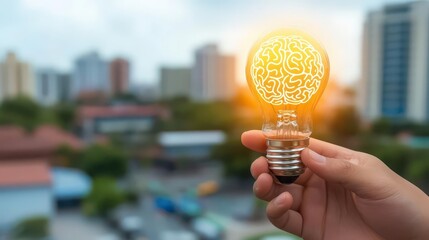 Poster - A glowing light bulb with a brain pattern held by a person, against a blurred cityscape emphasizing creativity and innovation