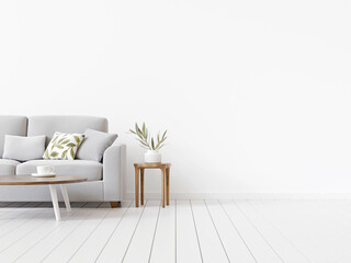 Aufkleber - White living room interior background with neutral and minimal furnishing. Gray sofa and empty wall with free space. Organic modern style. 3d rendering.