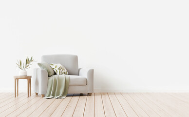 Poster - Simple and cozy styled living room with gray armchair, green pillows and coffee table on empty white wall background with free space. Natural and organic modern interior design. 3d rendering.