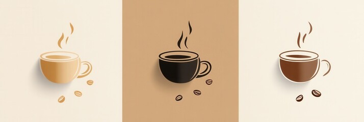 Poster - Elegant minimalist coffee cup logo featuring steam and scattered coffee beans in warm tones