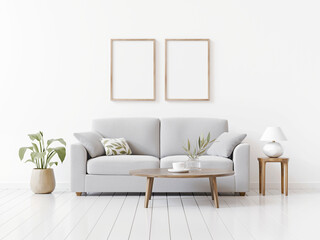 Poster - Vertical diptych poster template in neutral white living room with gray sofa, pillows and green plants. Simple furnished interior background in organic modern style. 3d rendering.