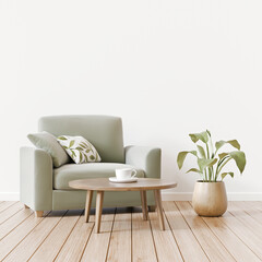 Aufkleber - Modern interior close-up with green armchair, coffee table and plant on empty white wall background. Natural organic styled living room. Minimal and neutral home design. 3d rendering.
